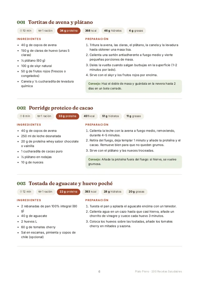 Página de 200 Recetas Saludables con tres recetas y sus valores nutricionales